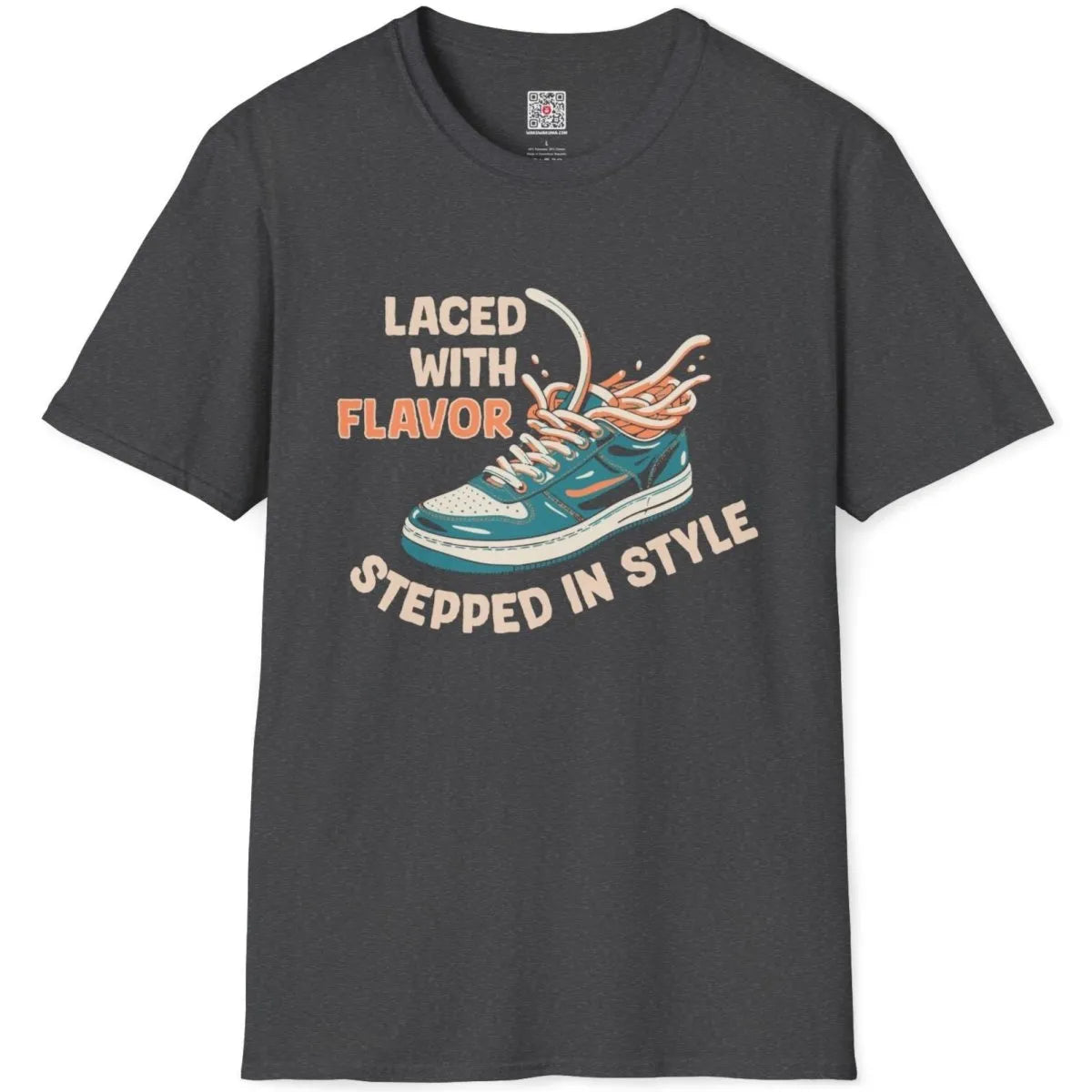Dark heather t-shirt flatlay, stylized sneaker, ramen noodles, retro design, dynamic composition.