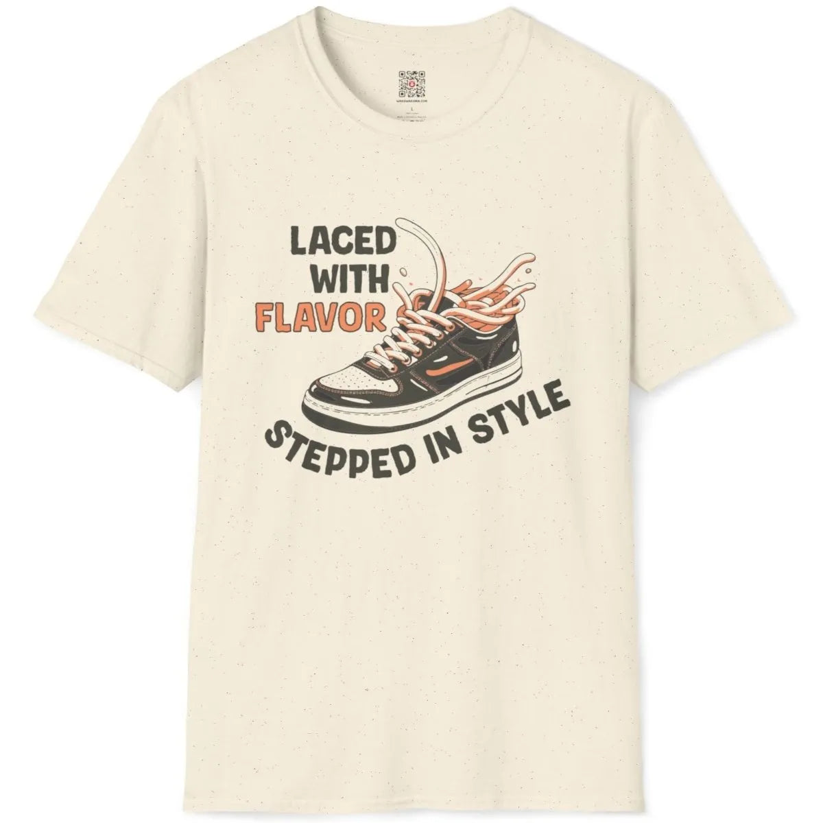 Natural t-shirt flatlay, ramen noodle sneaker, humorous quote, japanese t-shirts.