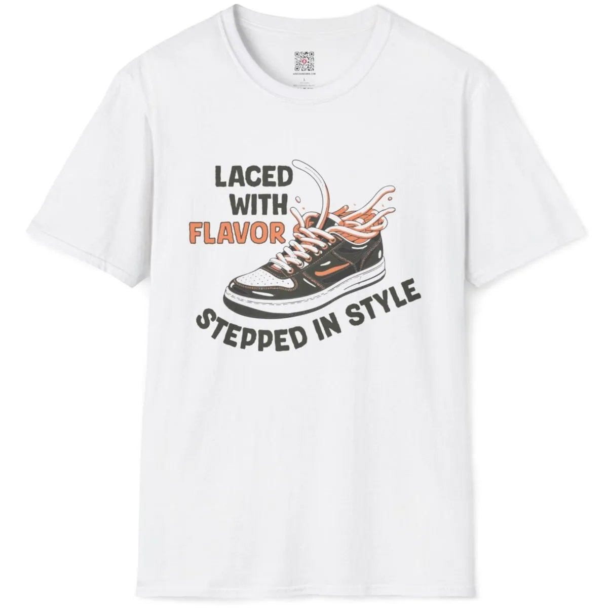 White t-shirt flatlay, detailed sneaker with ramen laces, fusion cuisine, graphic design t shirt.