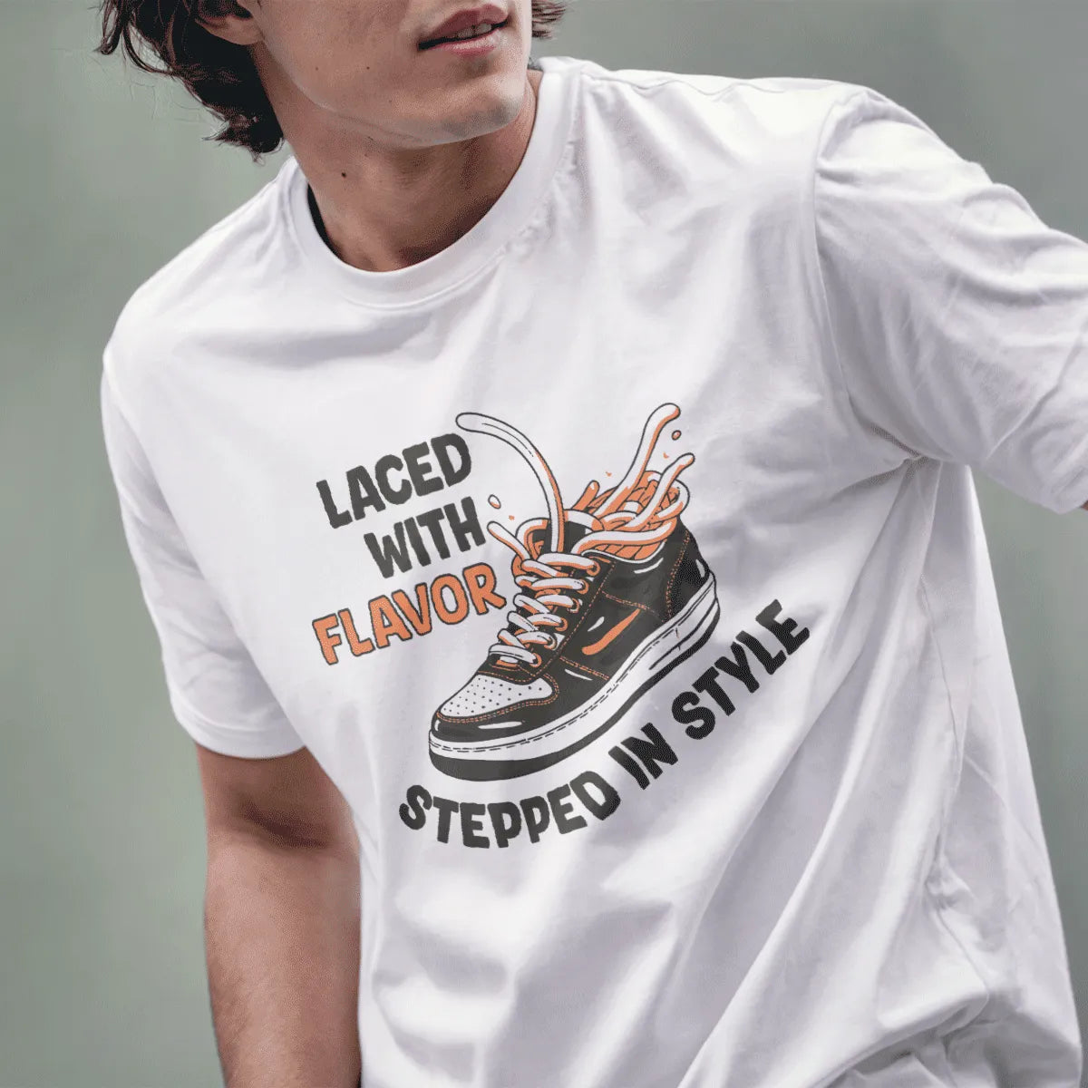 Male model in white t-shirt, ramen noodle sneaker, playful typography, japanese inspired clothes.