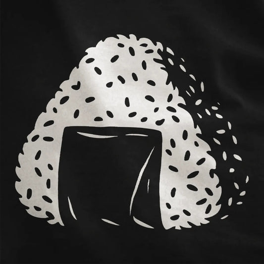 Black fabric close-up featuring bold onigiri rice ball and nori details, japanese t-shirts, minimalist font.