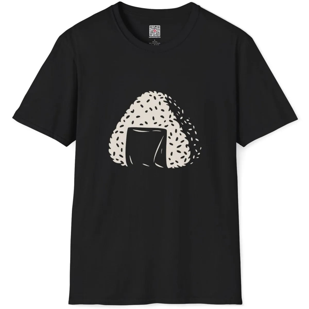 Black flatlay t-shirt showing iconic onigiri and nori illustration, japanese t-shirts, sushi culture.
