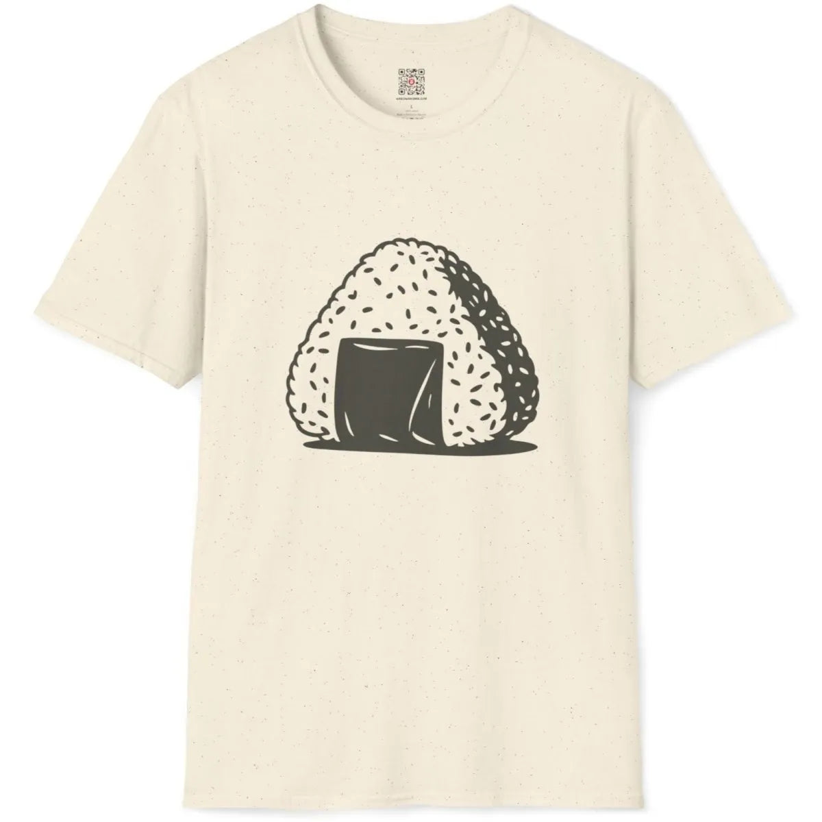 Natural flatlay t-shirt with inviting onigiri rice ball art, japanese t-shirts, organic aesthetic.