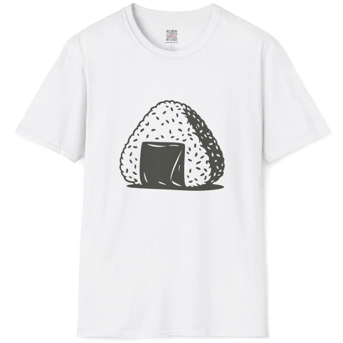 White flatlay t-shirt with classic onigiri rice ball and nori strip, japanese t-shirts, balanced composition.