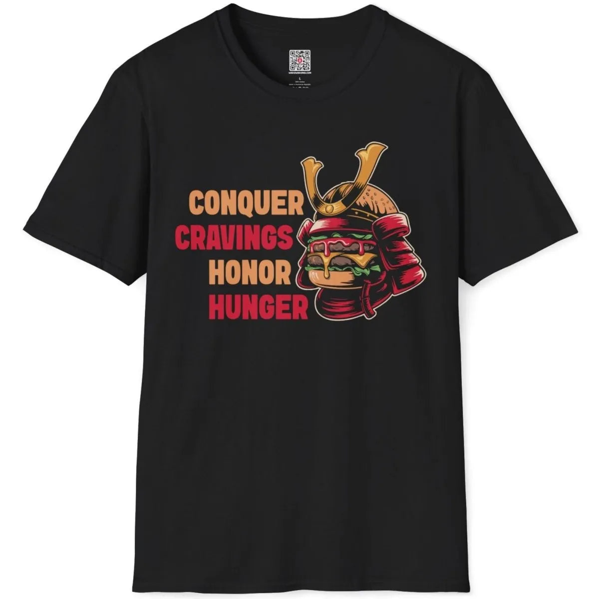 Black flatlay t-shirt with burger samurai helmet and red-gold armor, japanese t-shirts, pop art shirt.