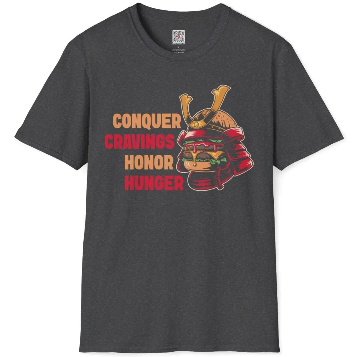 Dark heather flatlay t-shirt with burger samurai helmet and honor text, japanese t-shirts, contrast art.