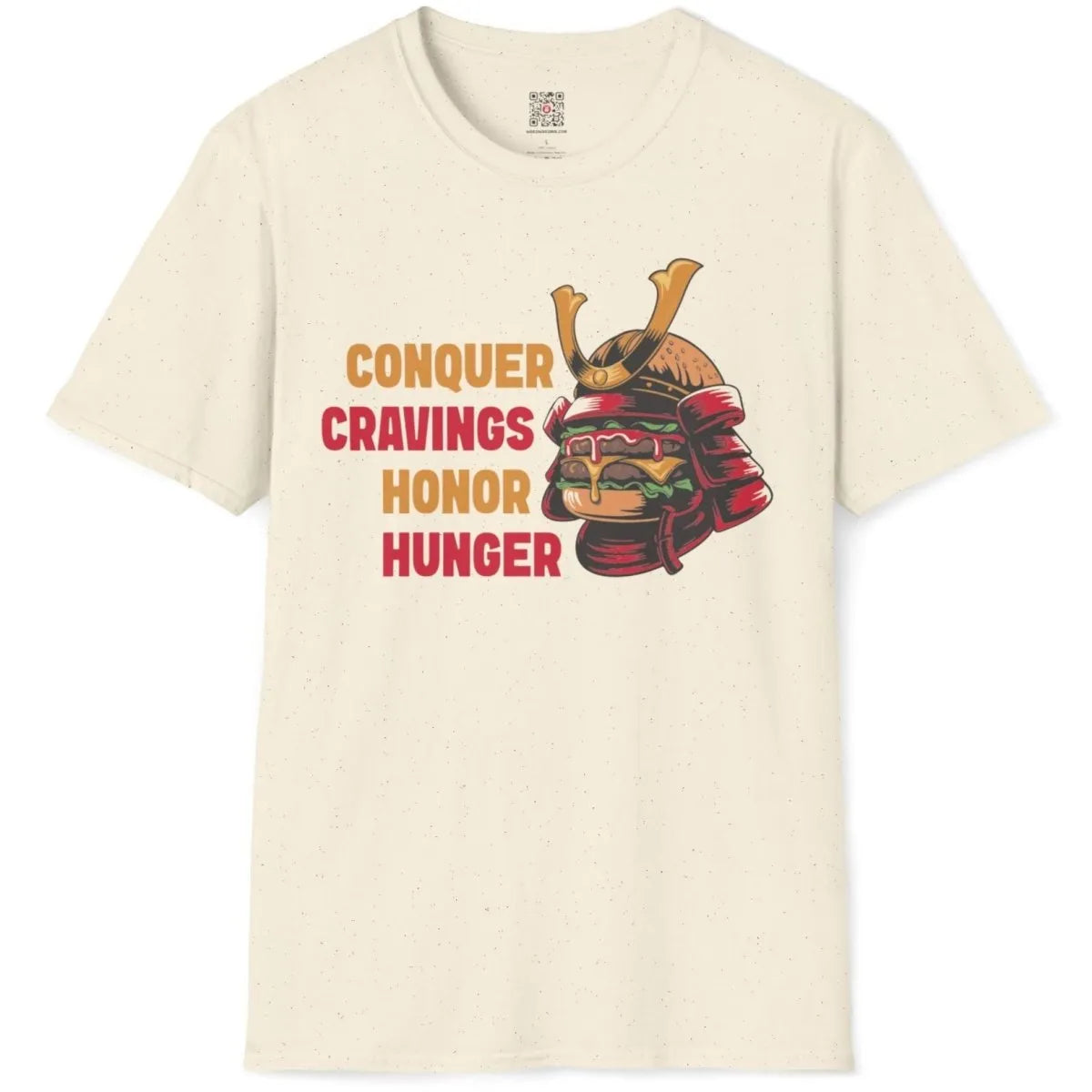 Natural flatlay t-shirt with vibrant burger samurai helmet, japanese t-shirts, cultural pride.