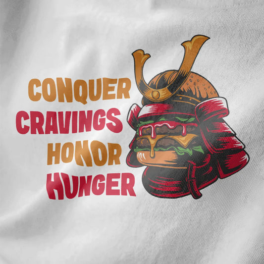 Close-up of white fabric with burger samurai helmet art, japanese t-shirts, cultural symbolism.