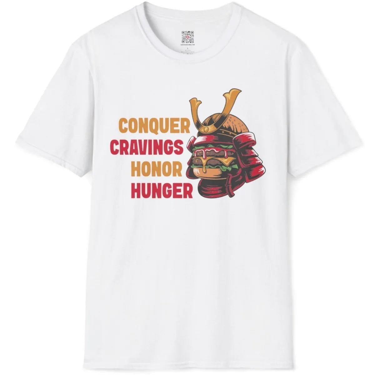 White flatlay t-shirt featuring burger samurai helmet and bold typography, japanese t-shirts, dynamic composition.