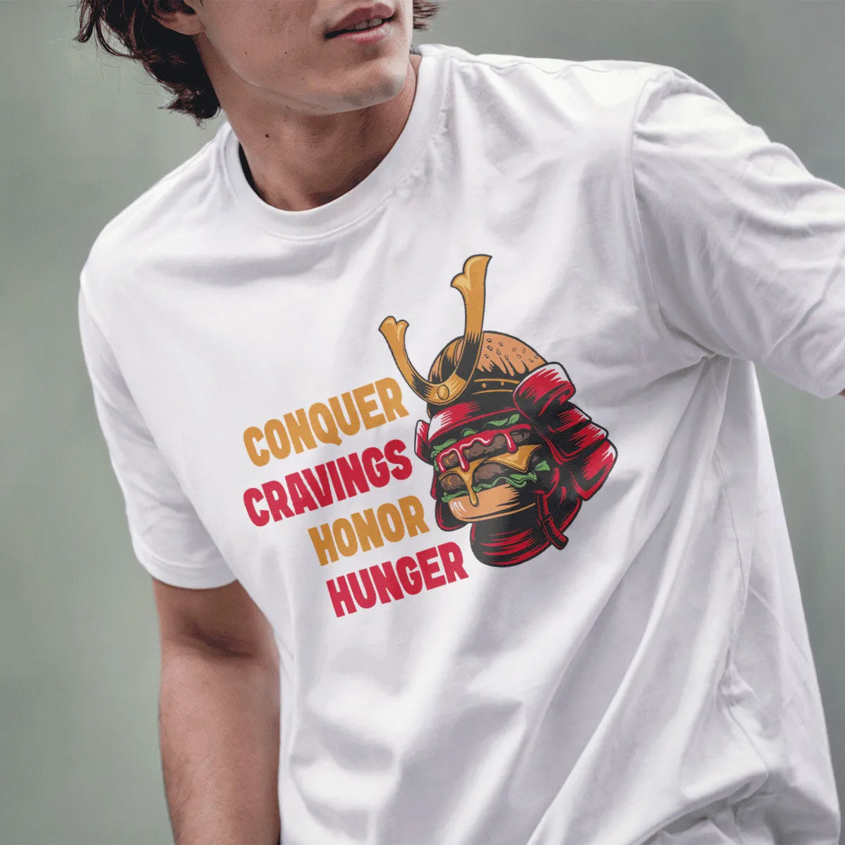 Male model in white t-shirt with burger samurai helmet and bold text, japanese t-shirts, fusion cuisine.