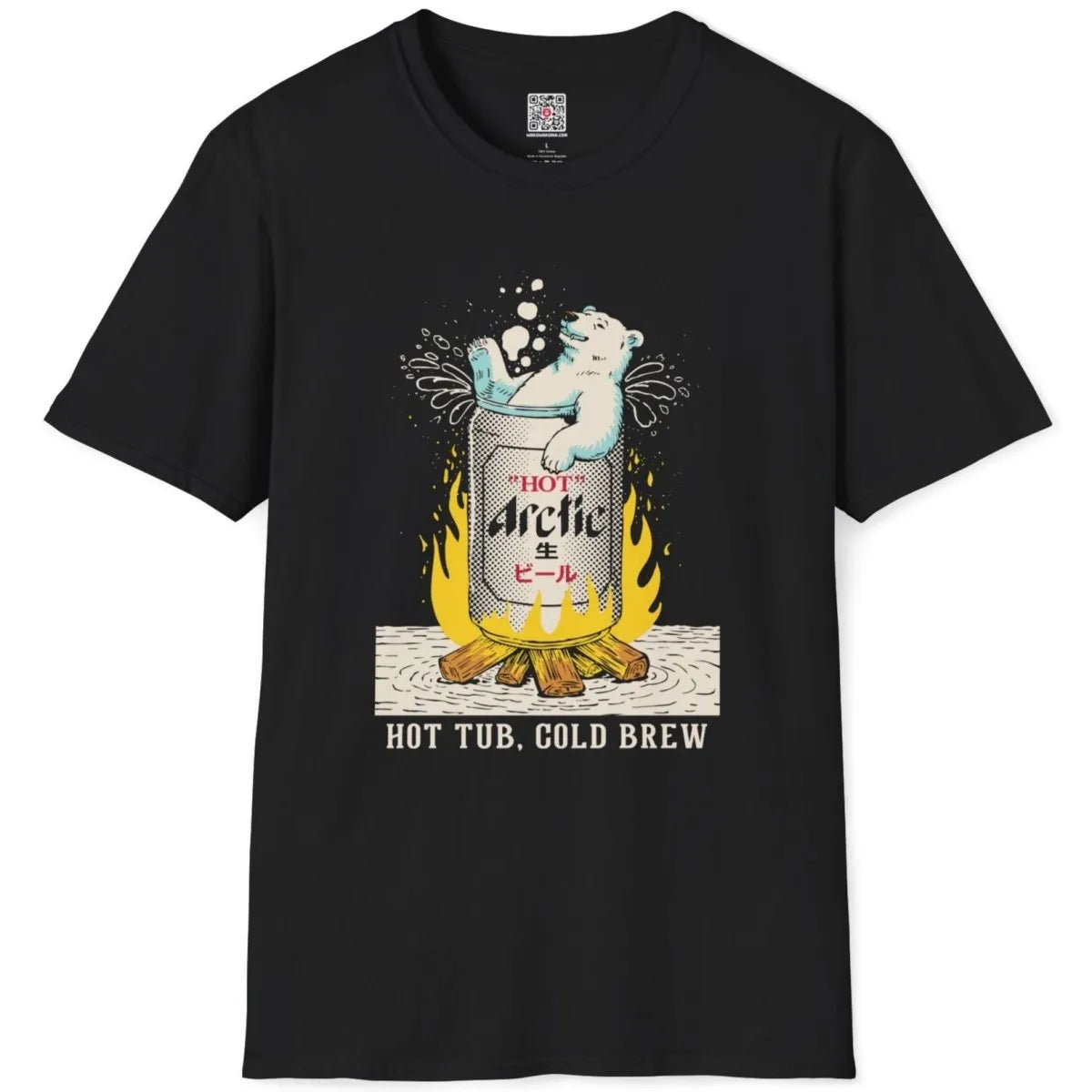 Black flatlay t-shirt featuring polar bear on beer can over campfire, japanese t-shirts, humorous quote.