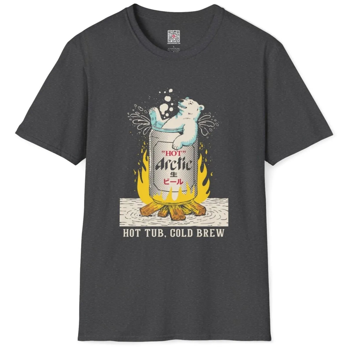 Dark heather flatlay t-shirt with polar bear hot tub beer can, japanese t-shirts, vibrant style.