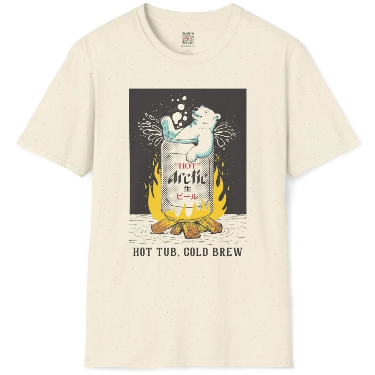 Natural flatlay t-shirt showing polar bear above campfire on beer can, japanese t-shirts, warm palette.