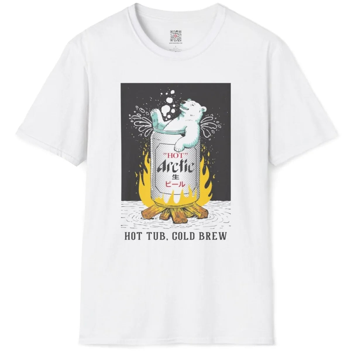 White flatlay t-shirt with polar bear, beer can, and fire, japanese t-shirts, cozy atmosphere.