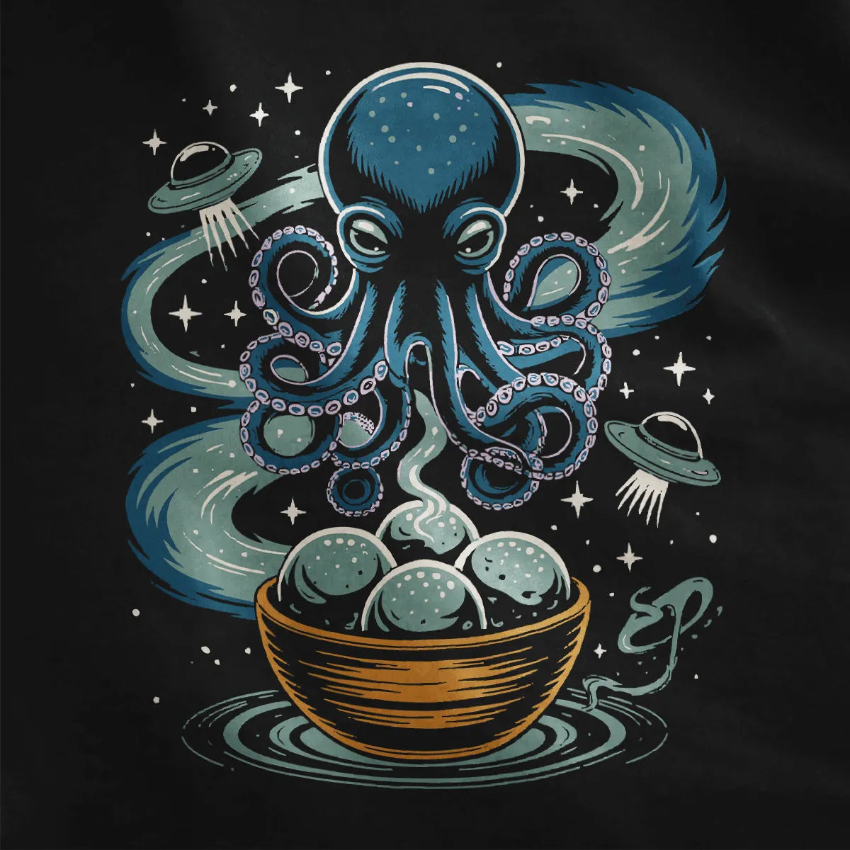 Octopus and glowing takoyaki with UFOs on black fabric, junk food shirt, sci-fi narrative.