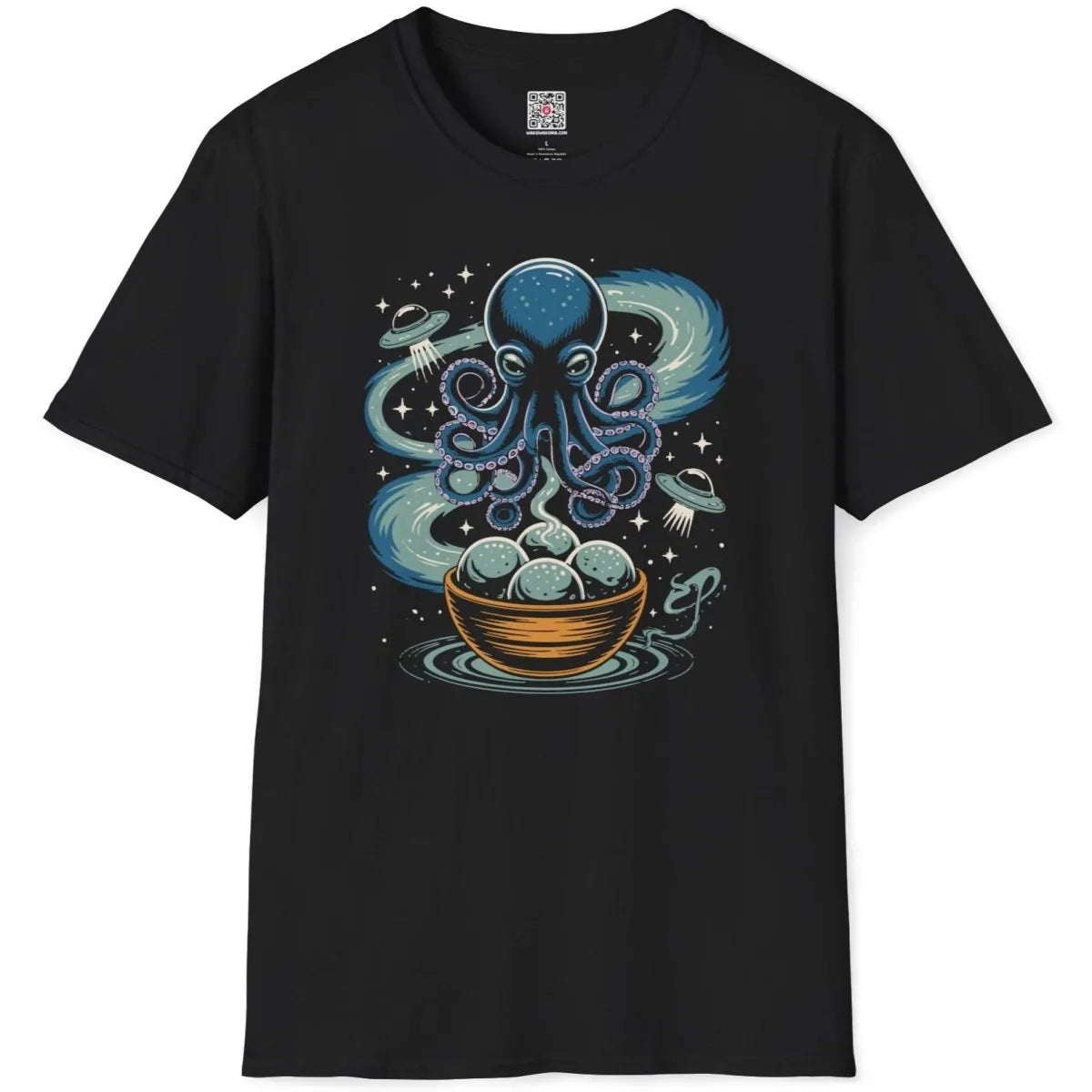Black flatlay with vibrant octopus, takoyaki, and UFOs, junk food shirt, cosmic design.