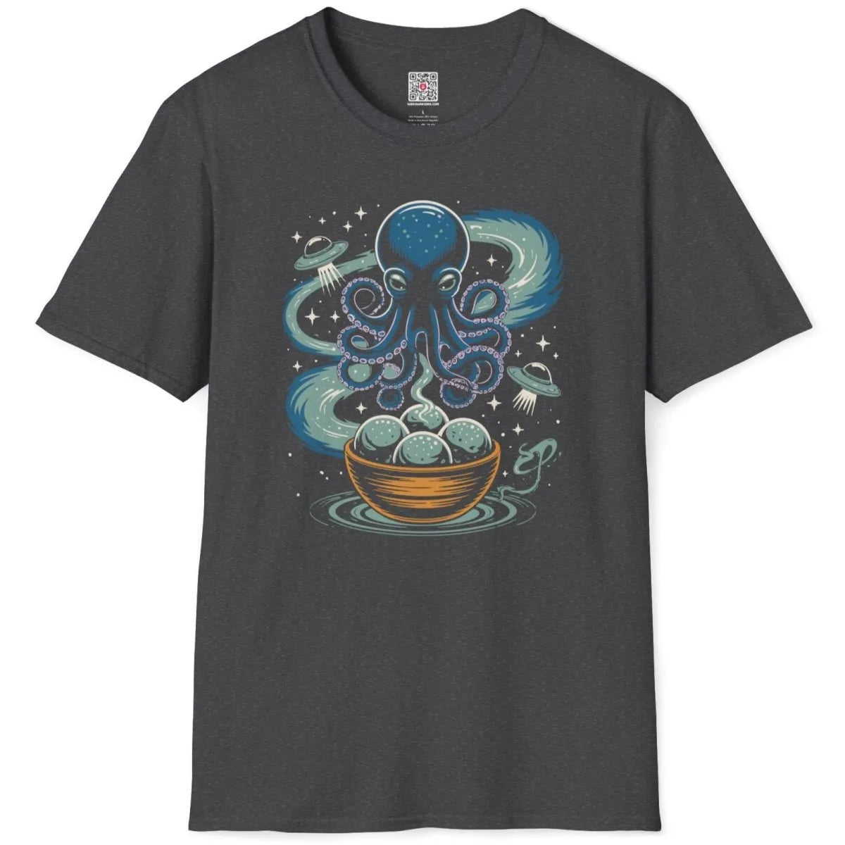 Dark heather shirt flatlay with cosmic octopus, takoyaki, and playful UFOs, cosmic design.