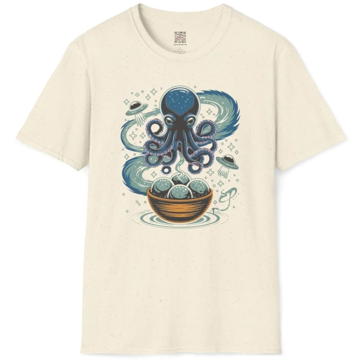 Natural shirt flatlay with octopus, takoyaki, and swirling blue waves, whimsical illustration.