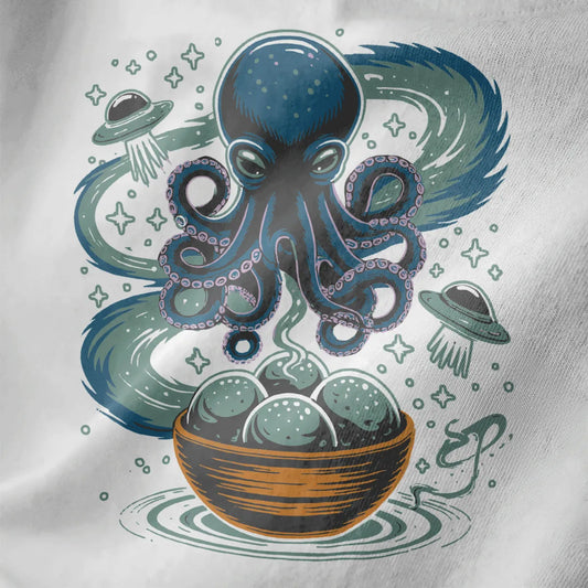 Mystical octopus and takoyaki in cosmic blues and gold on white fabric, japanese t-shirts, cosmic design.
