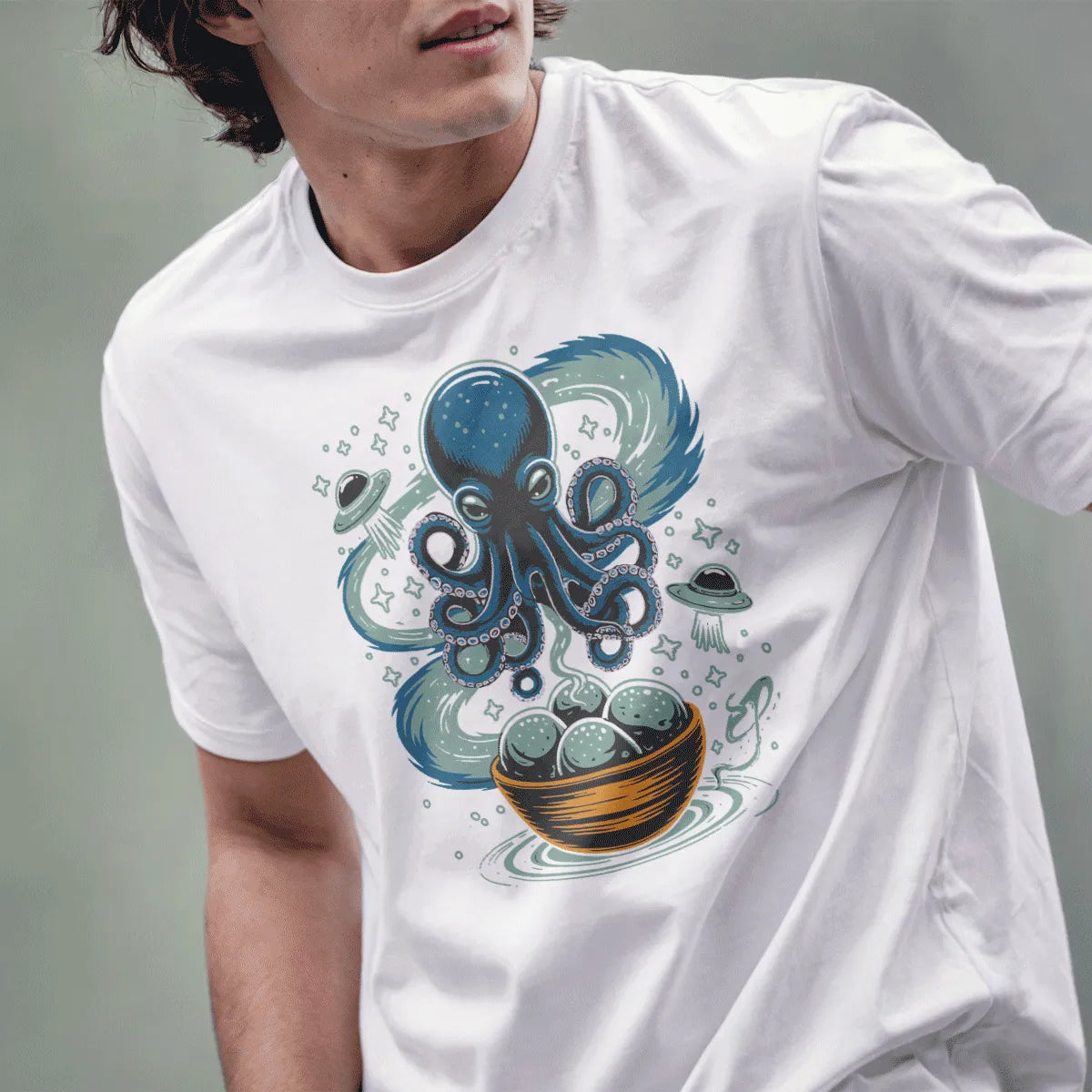 Male model in white shirt with cosmic octopus and takoyaki, japanese t-shirts, whimsical illustration.