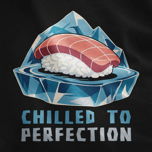 Black fabric closeup of salmon sushi on crisp iceberg, sushi t-shirt, contrast in colors.