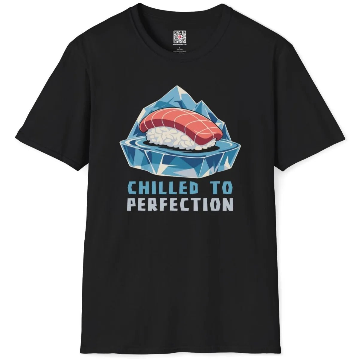 Black flatlay with minimalist sushi atop blue iceberg, sushi shirt, modern tradition.