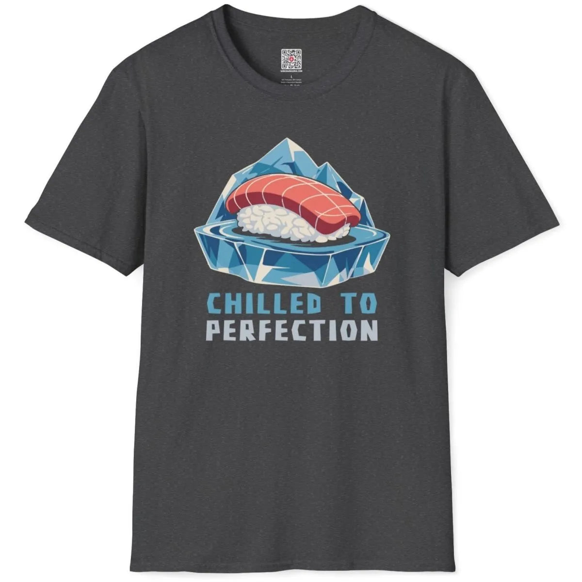 Dark heather flatlay with sushi on iceberg, sushi shirt, soft palette.