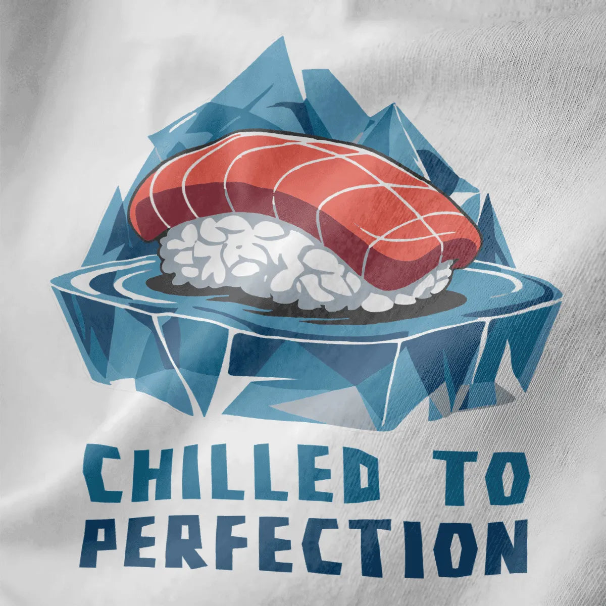 Minimalist salmon sushi on geometric iceberg, white fabric closeup, sushi shirt, cool design for shirts.