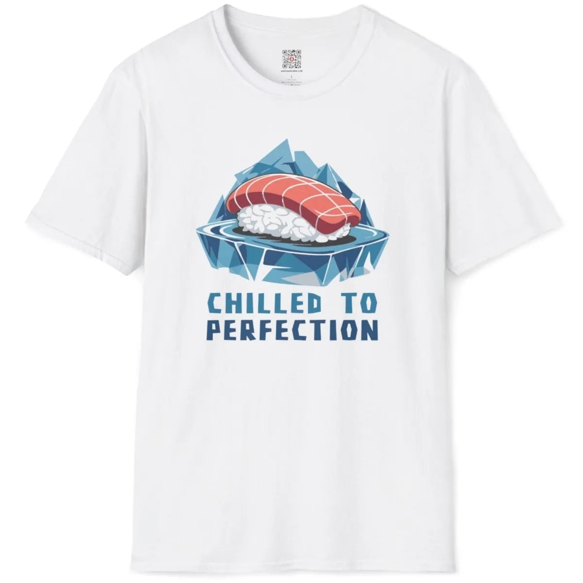 White flatlay with salmon sushi and iceberg, sushi t-shirt, balanced composition.
