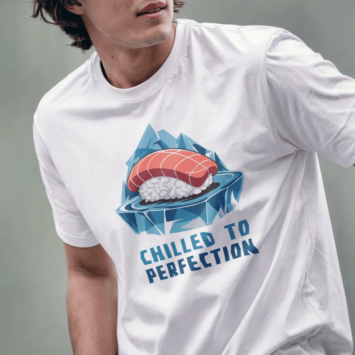 Male model in white shirt with sushi and iceberg design, japanese t-shirts, serene landscape.