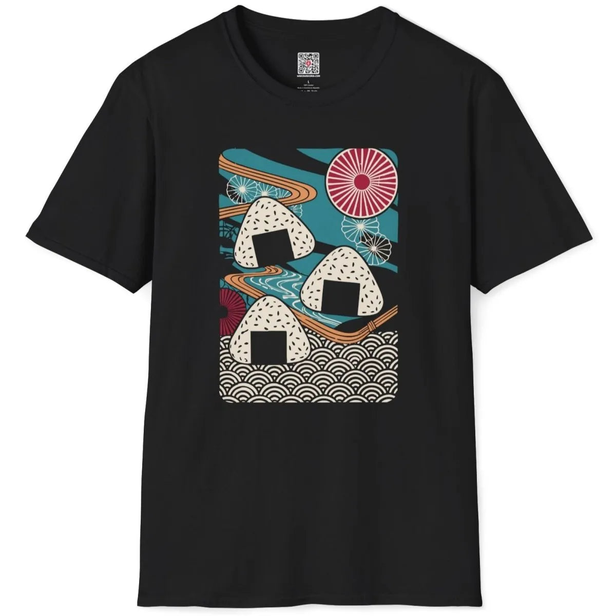 Black flatlay with stylized onigiri and river, junk food shirt, cultural symbolism.