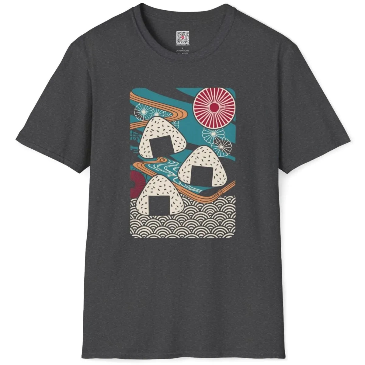 Dark heather flatlay with onigiri on river, ukiyo-e designs, organic aesthetic.