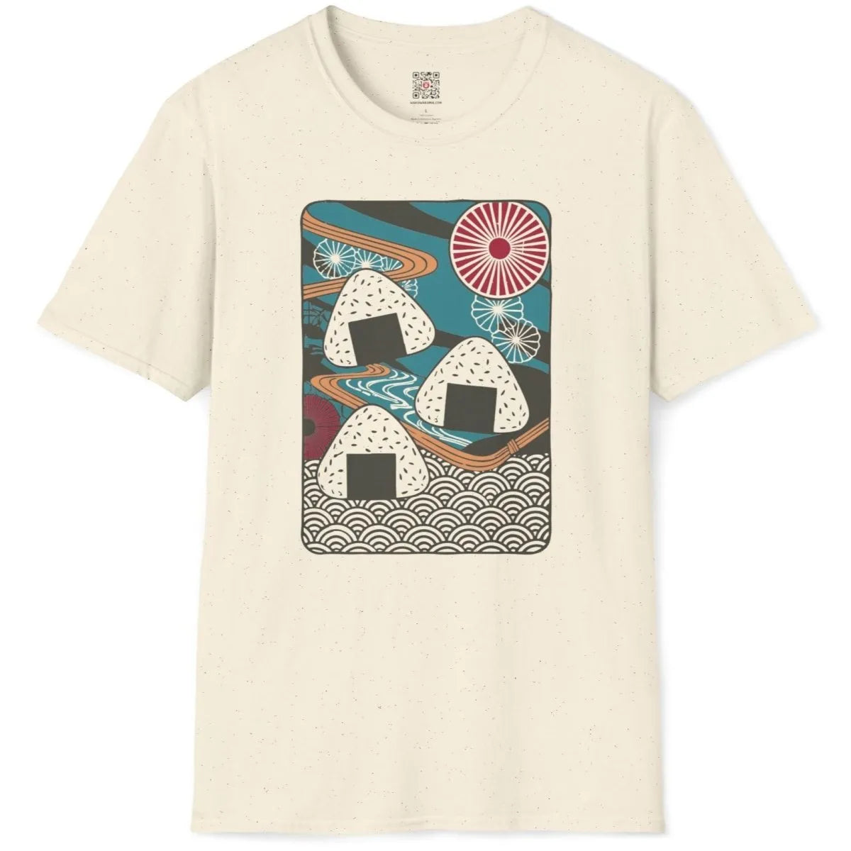 Natural flatlay with onigiri, fans, and wave patterns, rustic charm, cultural fusion.