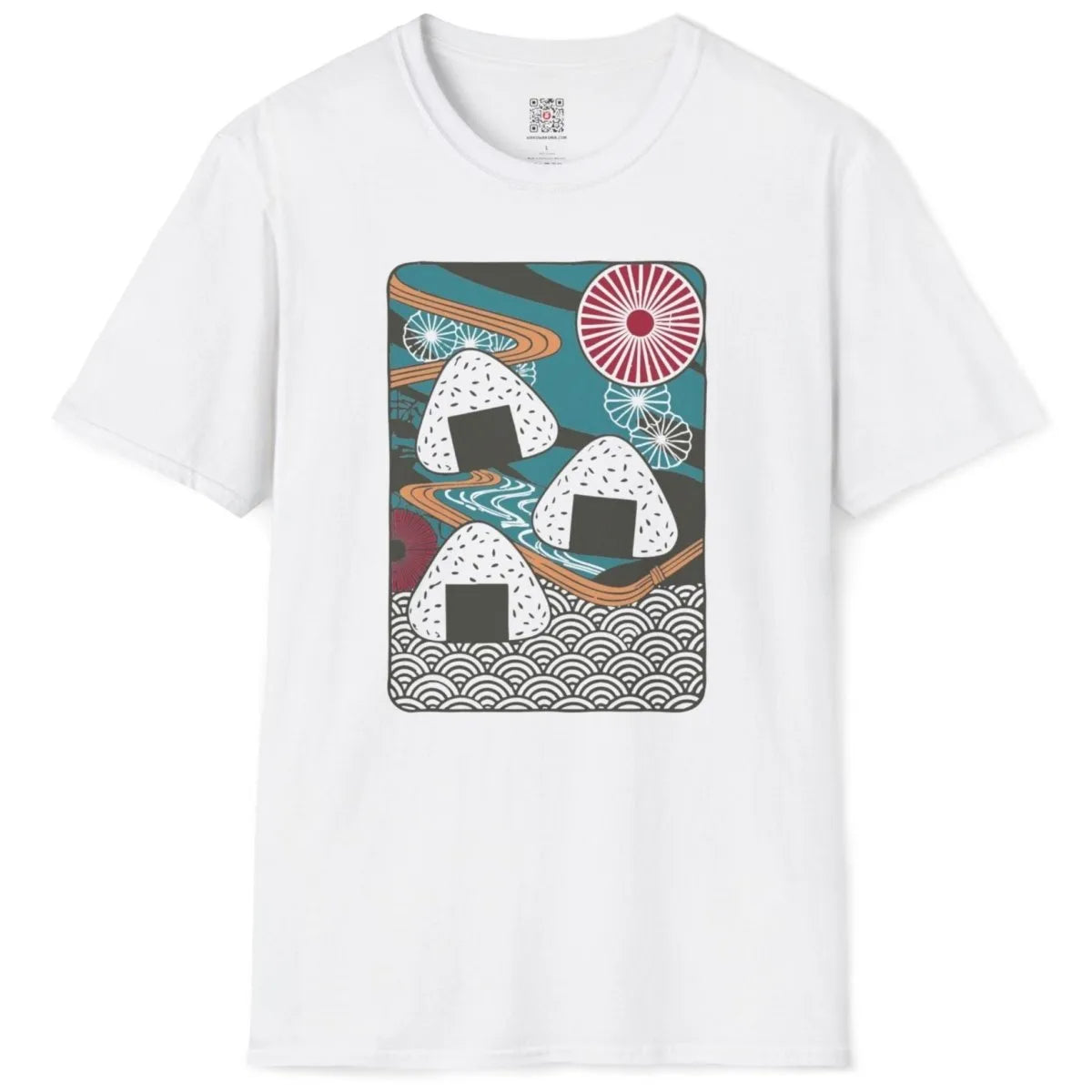 White flatlay with onigiri, fans, and plum blossoms, japanese t-shirts, balanced composition.