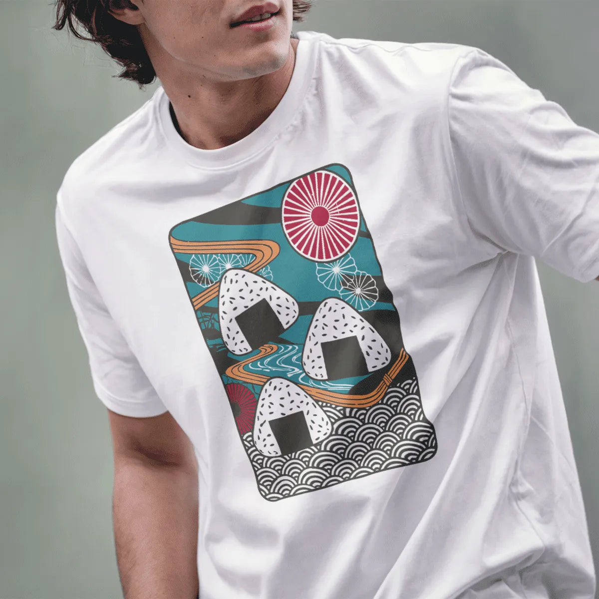 Male model in white shirt with floating onigiri river scene, japanese t-shirts, cherry blossom theme.