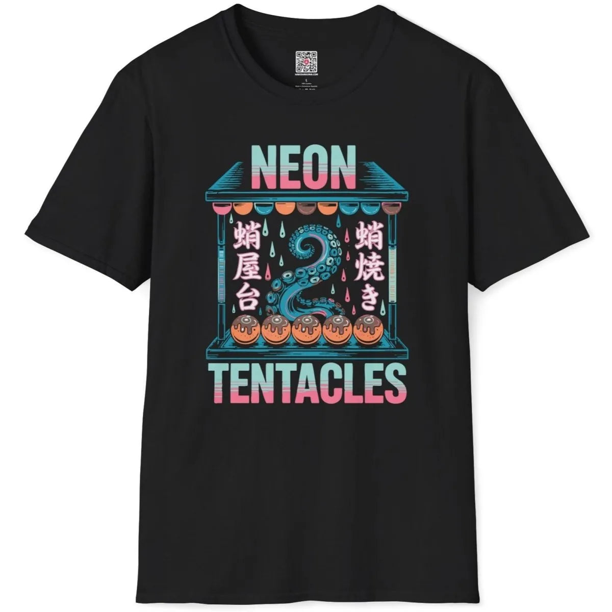 Black flatlay t-shirt with neon tentacle, takoyaki balls, and bold text fonts, graphic t-shirts stores.