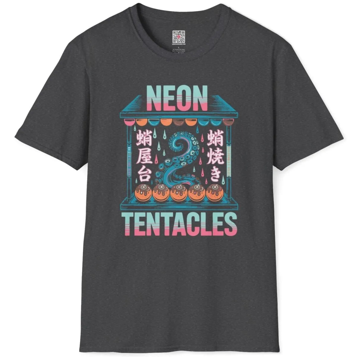 Dark heather shirt flatlay with neon tentacle, takoyaki balls, and japanese text shirt.