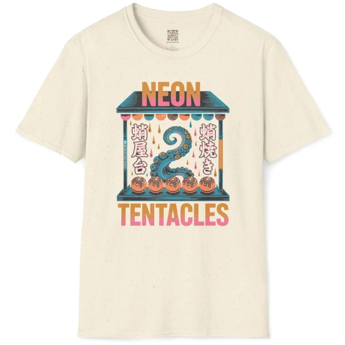 Natural t-shirt flatlay with neon tentacle, takoyaki balls, and cultural fusion design.