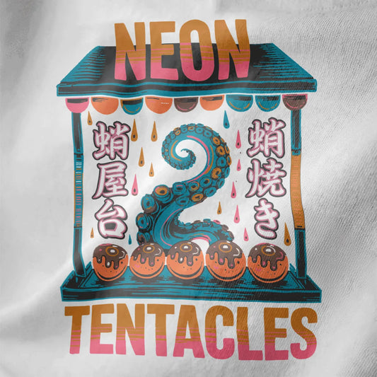 Neon street food stall with turquoise tentacle and takoyaki balls on white shirt, vibrant style, japanese t-shirts.
