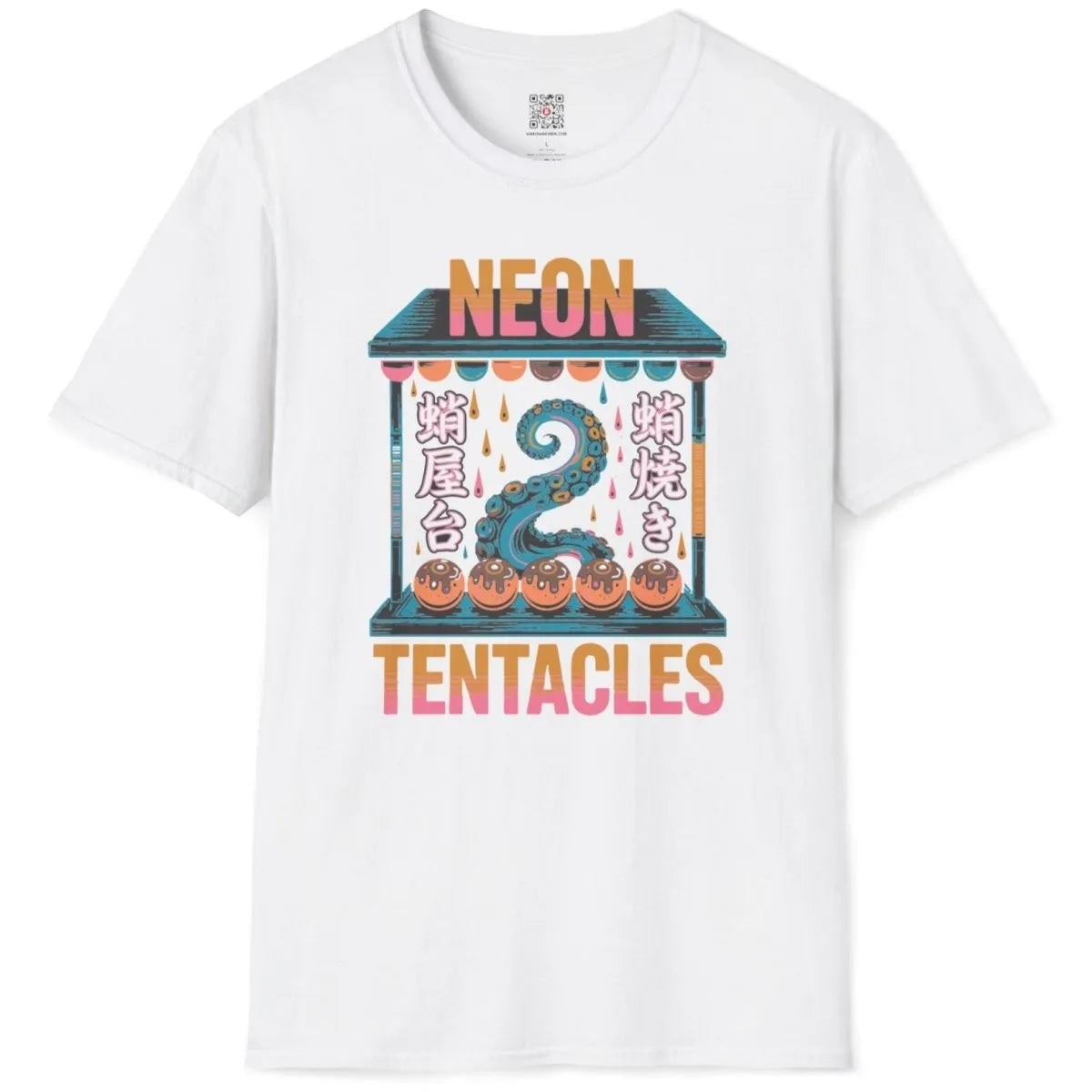 White flatlay t-shirt with neon tentacle, takoyaki balls, and vibrant text, junk food shirt.