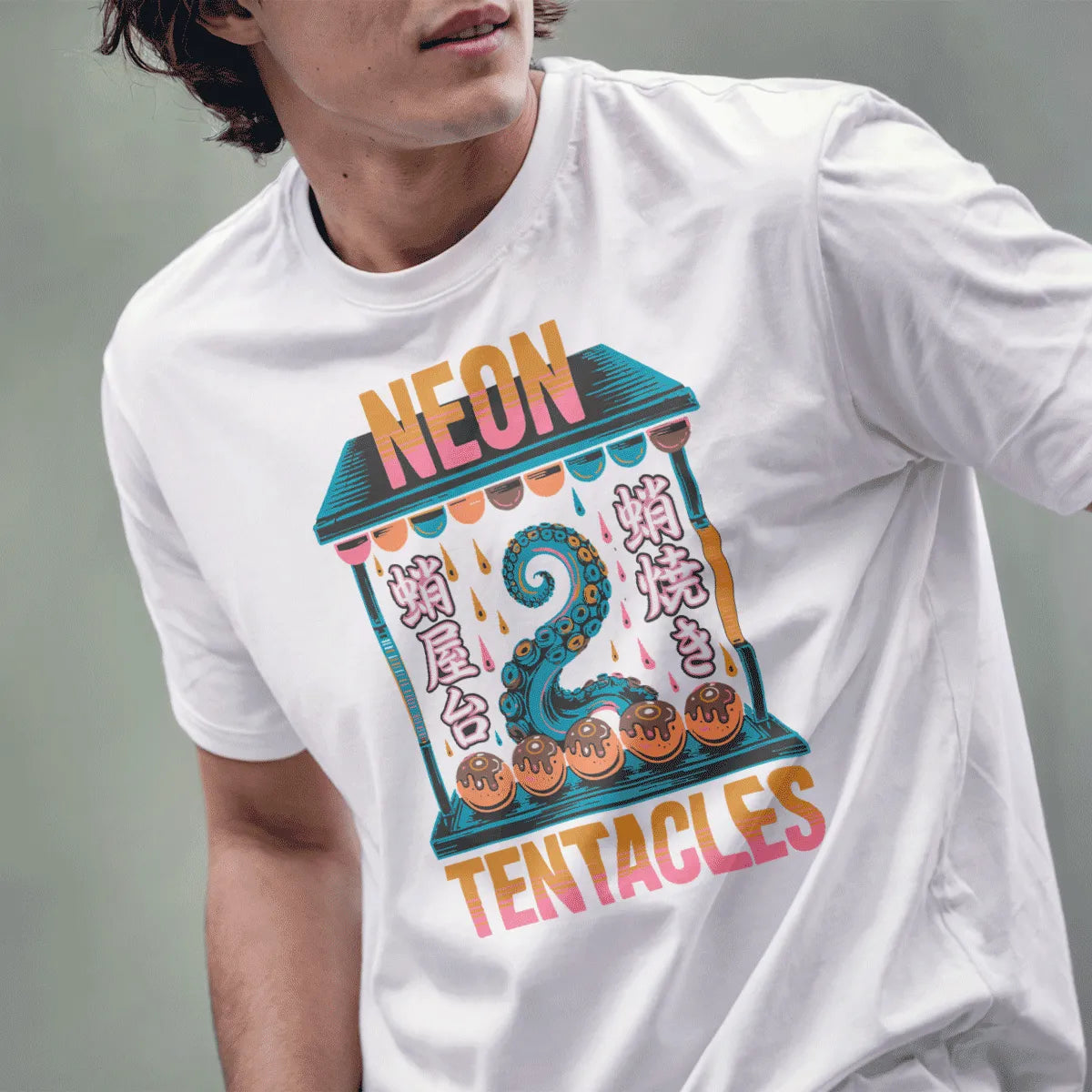 Male model in white t-shirt with neon tentacle, takoyaki balls, and japanese text, streetwear t-shirt shirts.