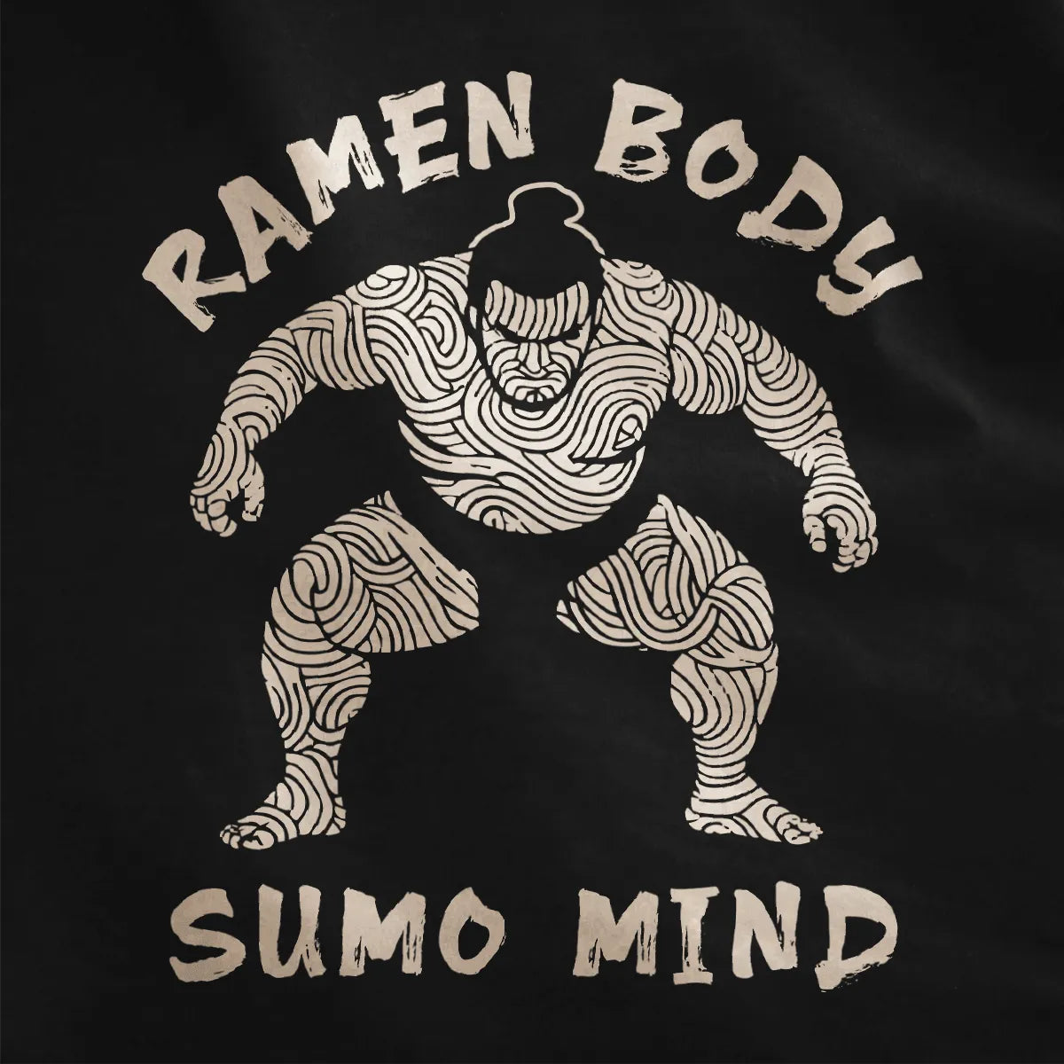Ramen sumo in swirling noodles on black shirt, ramen shirt, cultural symbolism.