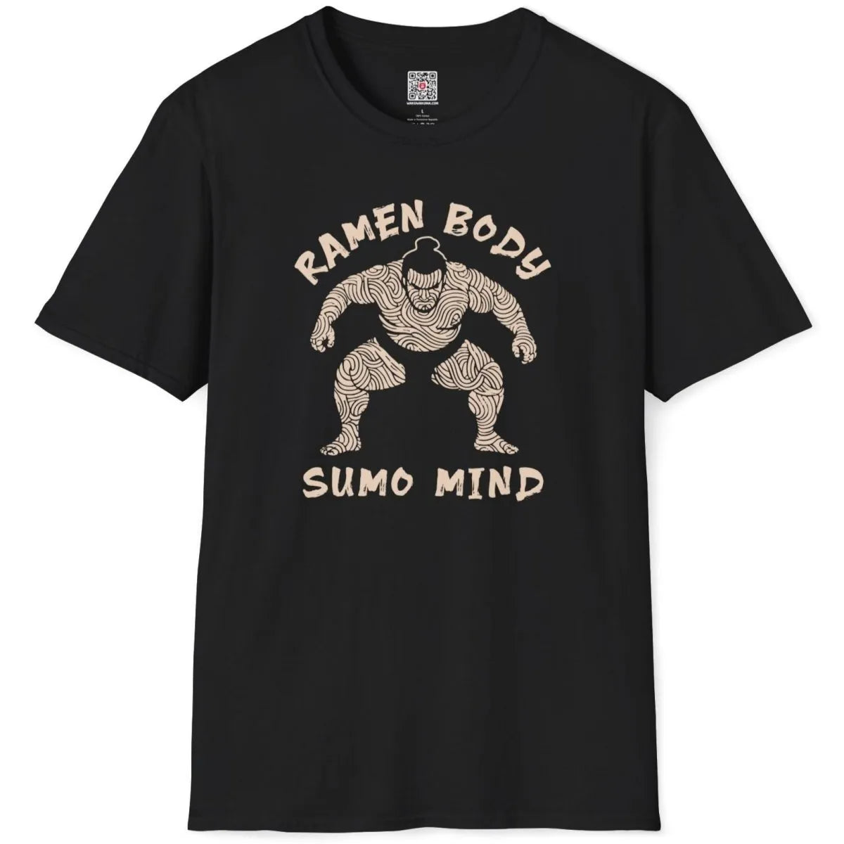 Black flatlay t-shirt with bold ramen sumo wrestler, ramen t-shirt, pop art shirt.