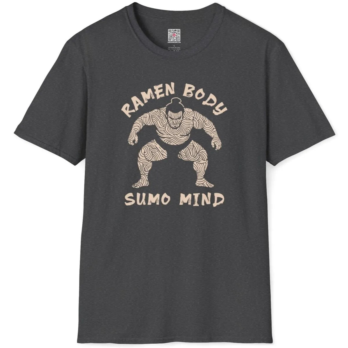 Dark heather shirt flatlay with ramen noodle sumo, ramen t-shirt, cultural pride.