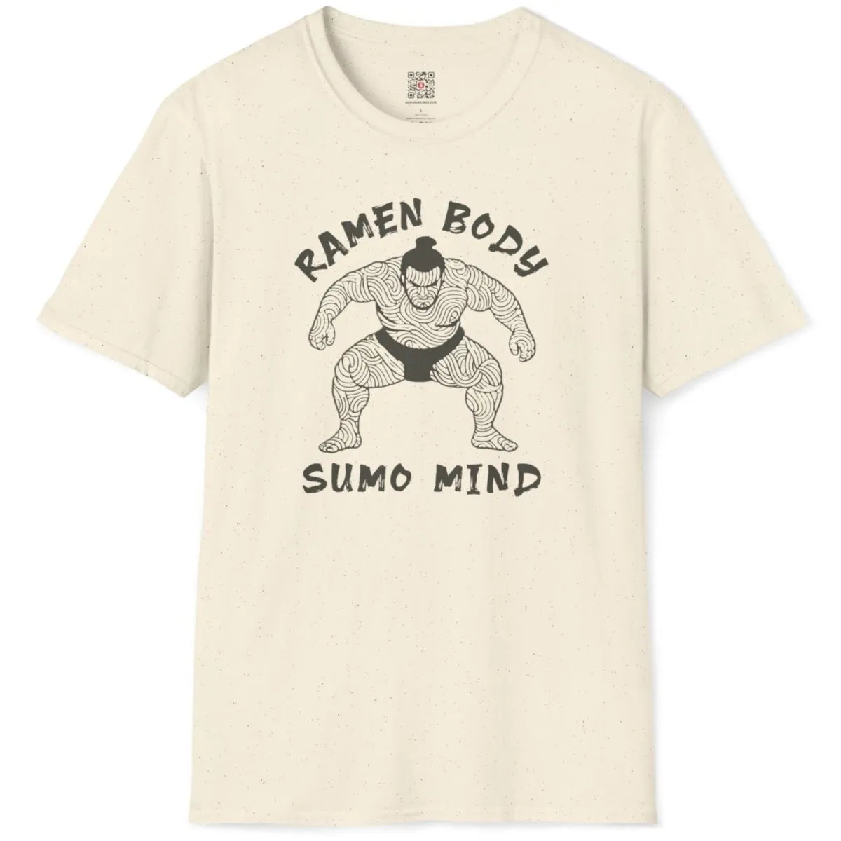 Natural t-shirt flatlay with ramen sumo wrestler, minimalist font, modern fusion.