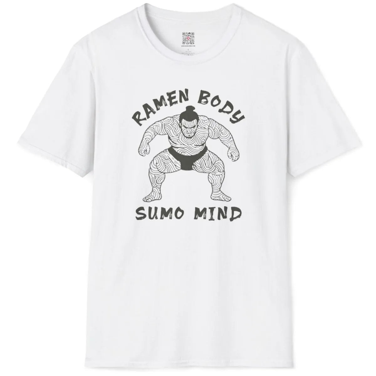 White flatlay t-shirt with ramen sumo wrestler, traditional japanese art, ramen shirt.