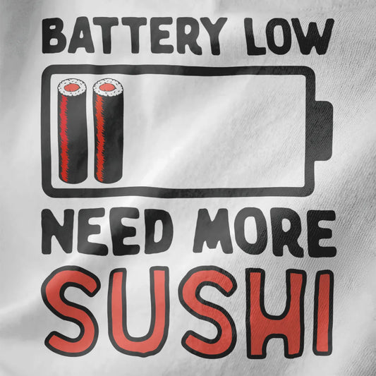 White shirt closeup with “BATTERY LOW” text, battery icon filled with sushi rolls. sushi t-shirt, tech shirt.