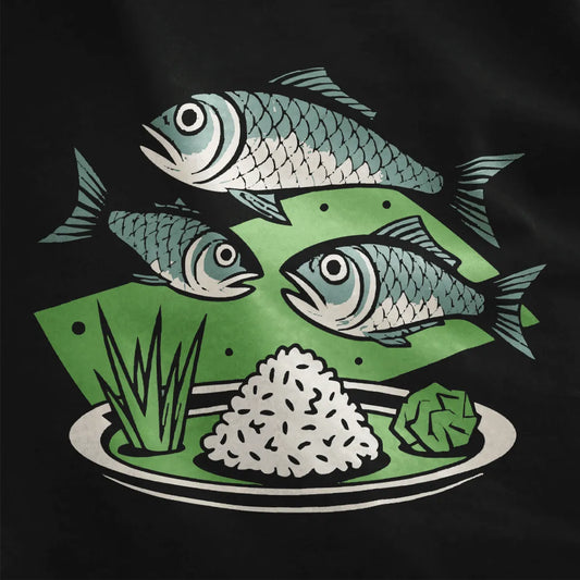 Abstract fish and rice design on black shirt, japanese fish artwork, aquatic aesthetic.