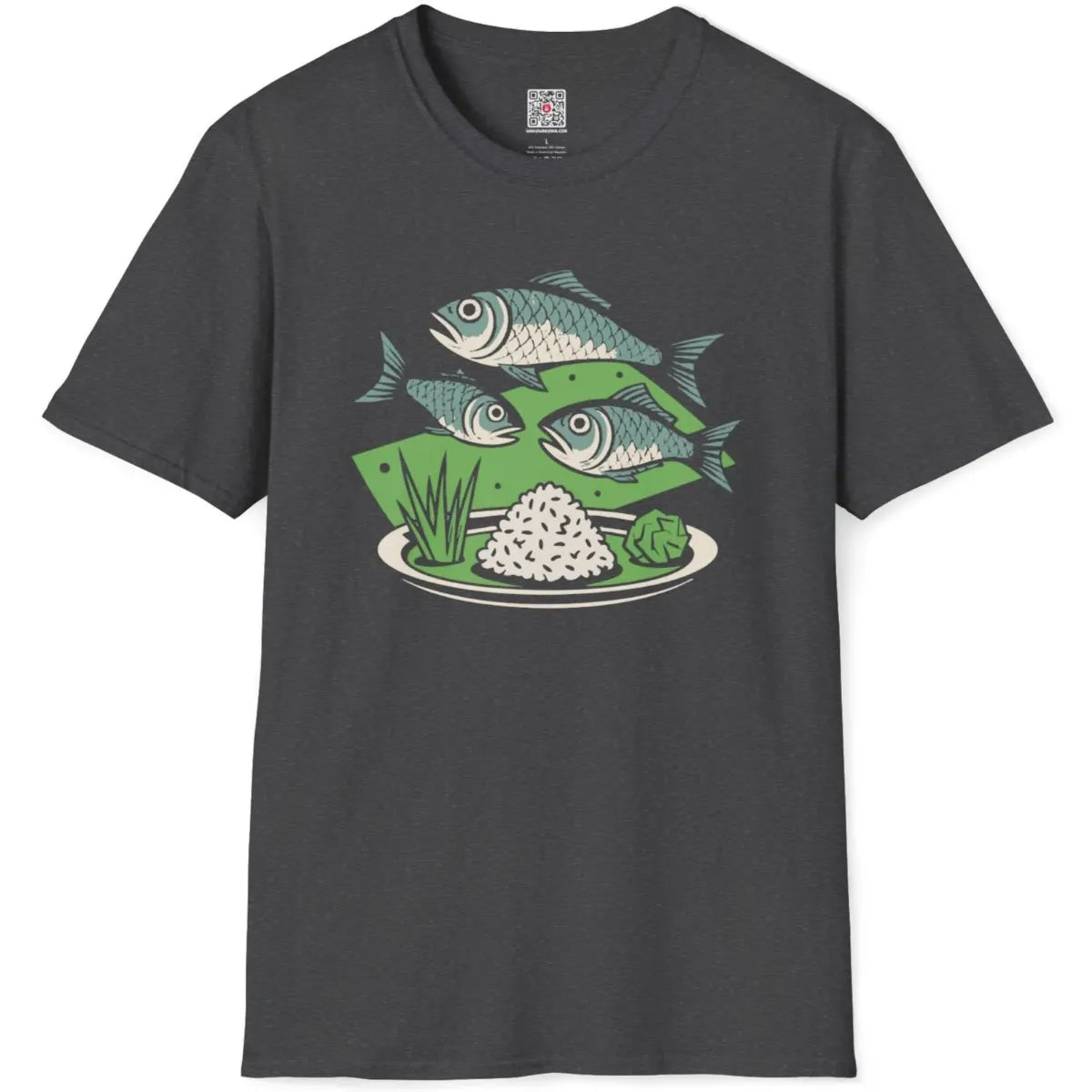 Dark heather shirt flatlay with fish and rice, serene landscape, foodie style.