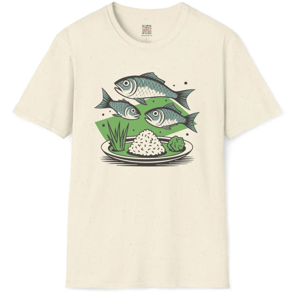 Natural t-shirt flatlay with floating fish, rice, and green garnish, cultural blend.